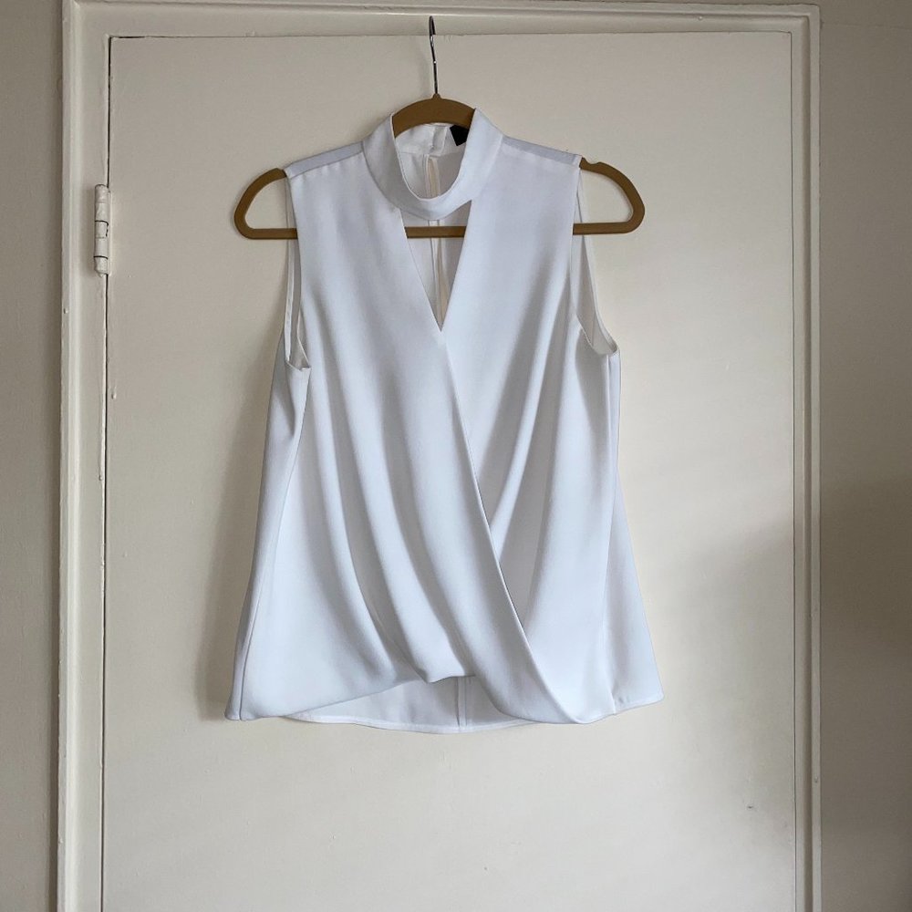White Sleeveless V Neck Choker Blouse, Size M